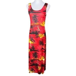 Red Tropical Sunset Palm Tree Maxi Dress Sleeveless Hawaiian Island Style 2186 L